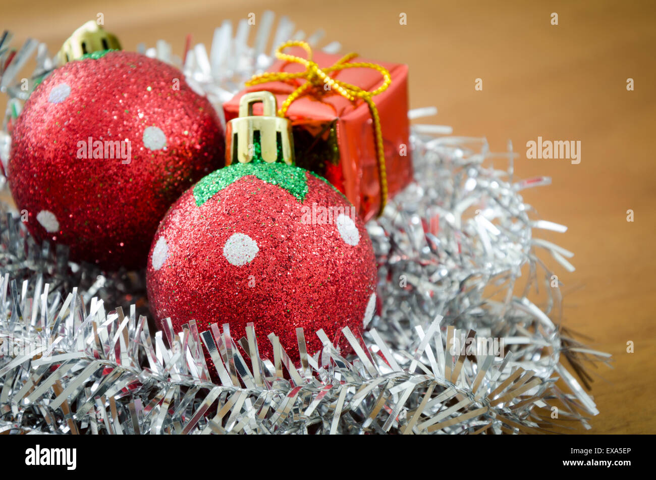 Christmas ball and Christmas decorations on wooden background Stock Photo