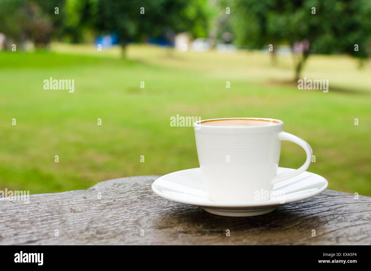 Cup of coffee on wooden table in garden Stock Photo