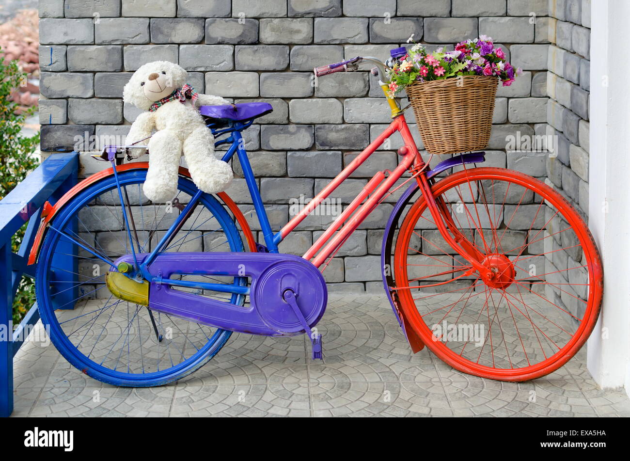 Colorful old bike was decorated on the road. Stock Photo