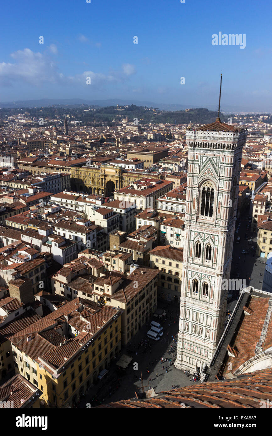 View on Florence and Giotto's Campanile from Brunelleschi’s Dome in Italy Stock Photo
