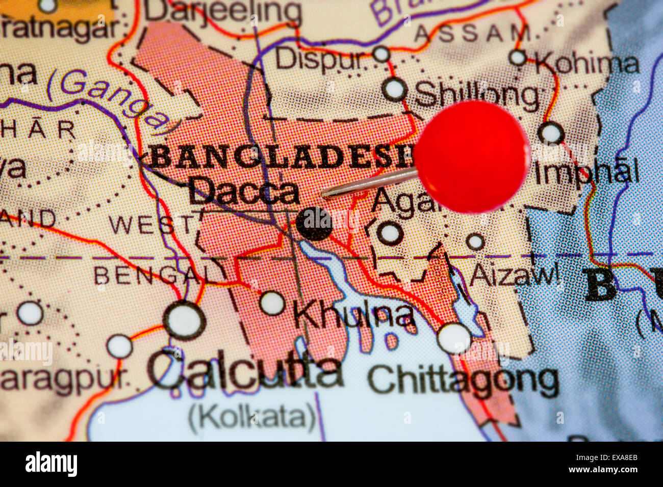 Close-up of a red pushpin on a map of Bangladesh Stock Photo