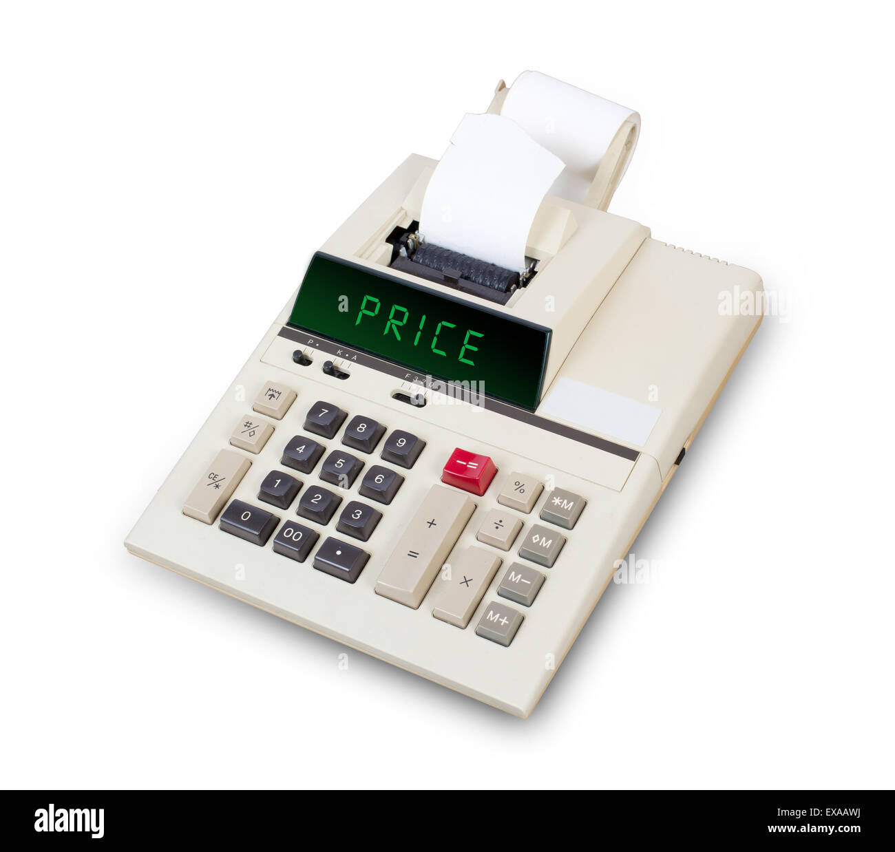 Old calculator showing a text on display - price Stock Photo