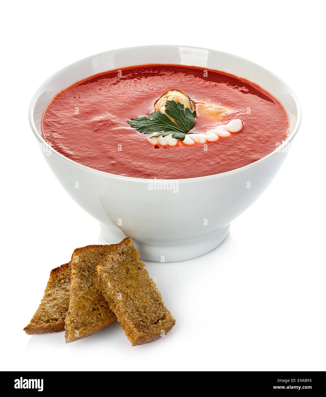 Tomato cream soup with mussels isolated Stock Photo