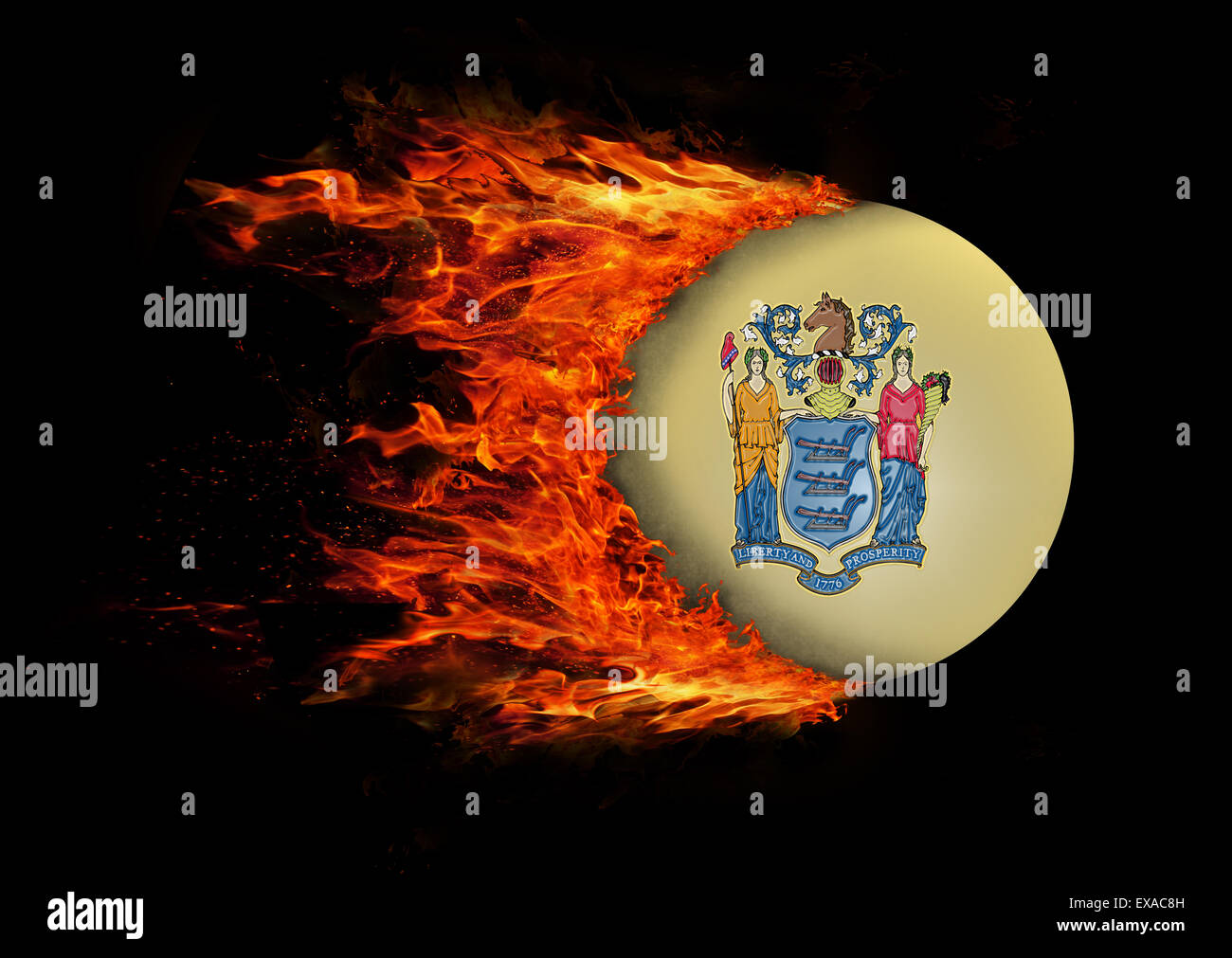Concept of speed - US state flag with a trail of fire - New Jersey Stock Photo