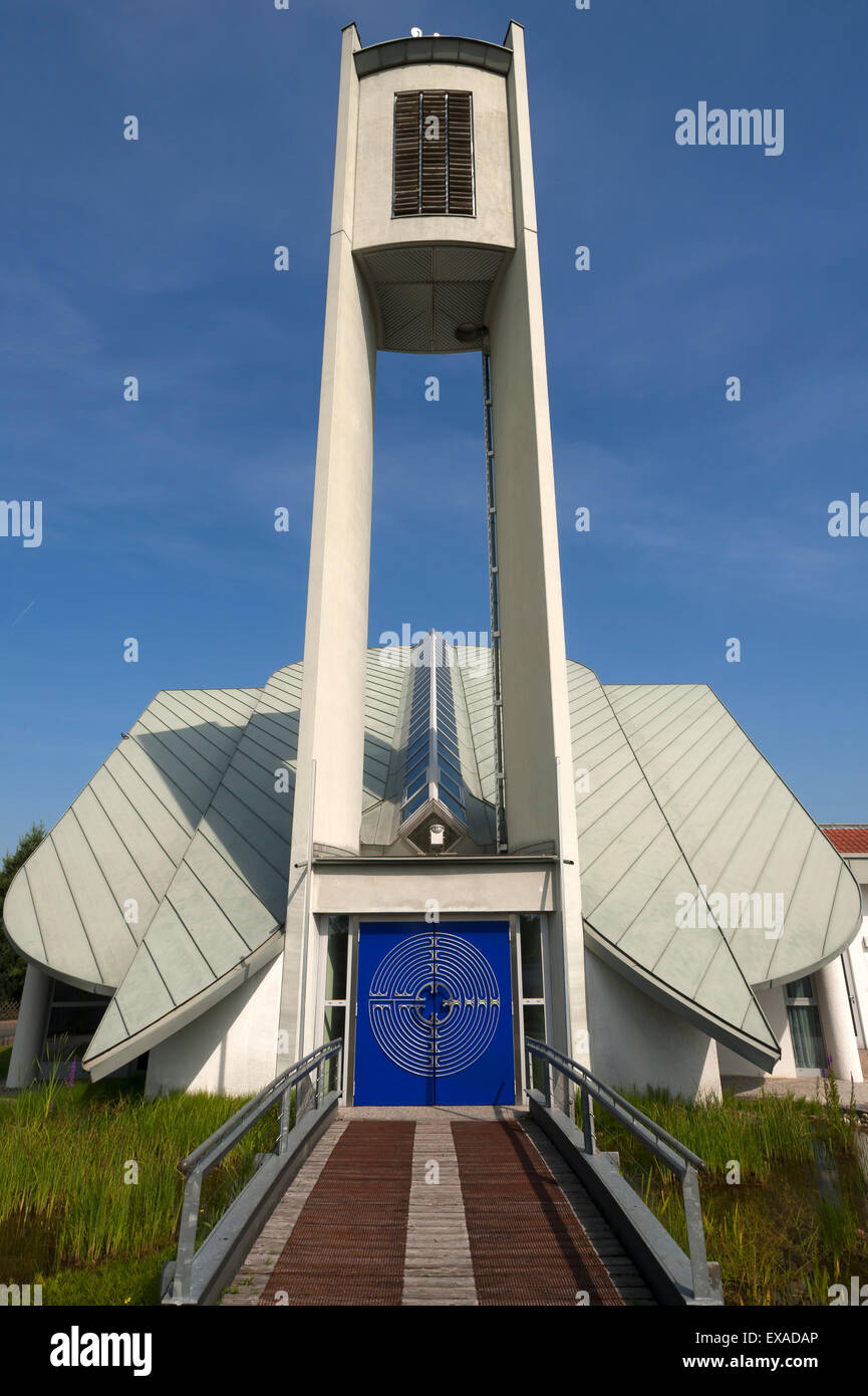 Modern church with bell tower, Evangelical Lutheran congregation, Neunkirchen am Brand, Upper Franconia, Bavaria, Germany Stock Photo
