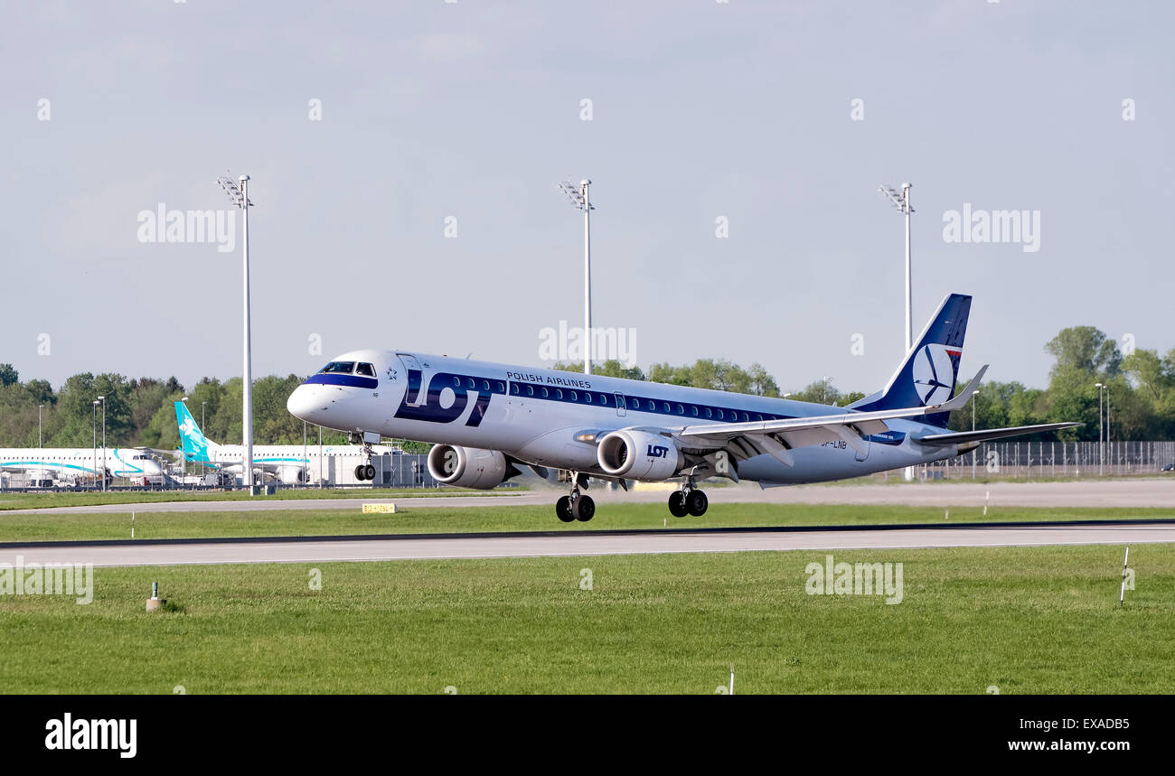 LOT Polish Airlines Embraer ERJ-195-200LR, registration number SP-LNB, landing at Munich Airport, Munich, Upper Bavaria, Bavaria Stock Photo