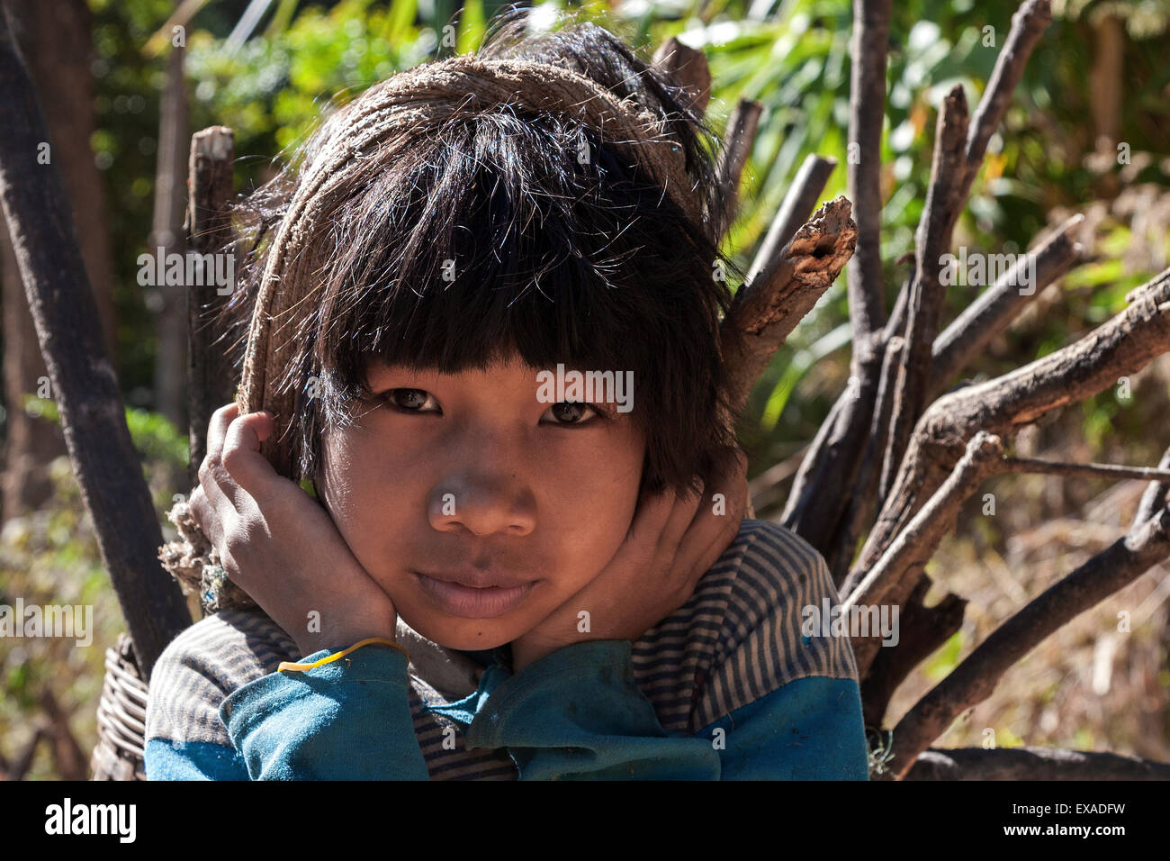 Girl from Palaung tribe carrying firewood, Portrait, Taung Ni Village, Kalaw, Shan State, Myanmar Stock Photo