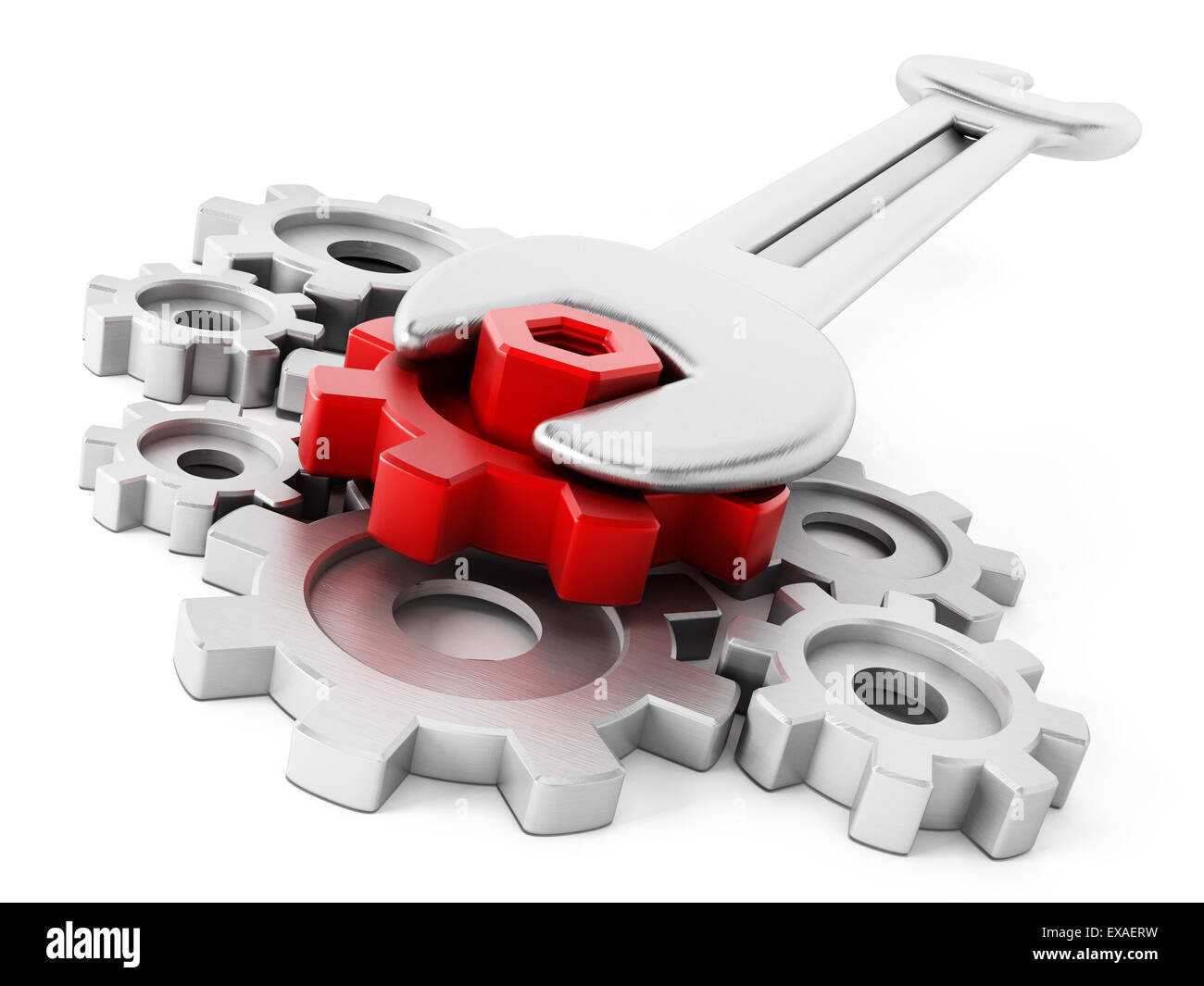 Wrench and bolt connected to red gear isolated on white background Stock Photo