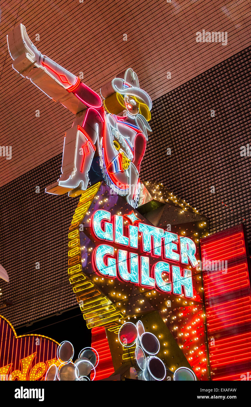 Cowgirl Glitter Gulch neon sign, Fremont Experience, Las Vegas, Nevada, United States of America, North America Stock Photo