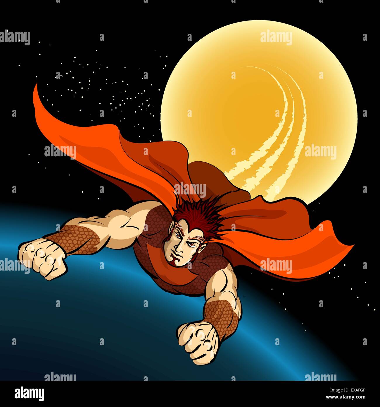 Super Hero flying above a planet.Comic book style illustration. Stock Vector