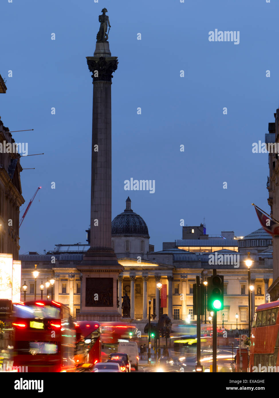 Nelson's Column and National Gallery at dusk, Trafalgar Square, London, England United Kingdom, Europe Stock Photo