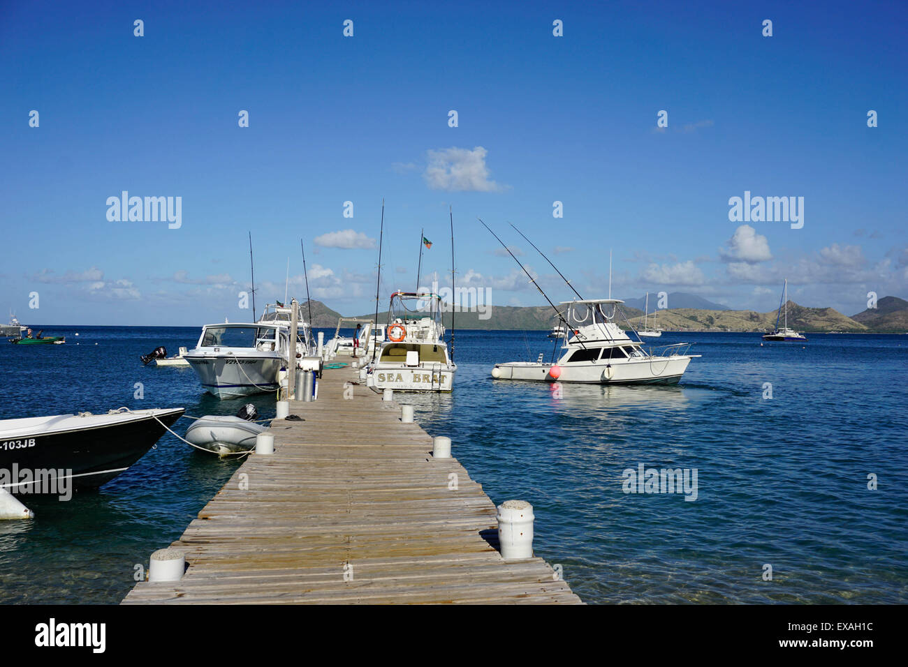 Dock at Oualie Beach, Nevis, St. Kitts and Nevis, Leeward Islands, West Indies, Caribbean, Central America Stock Photo