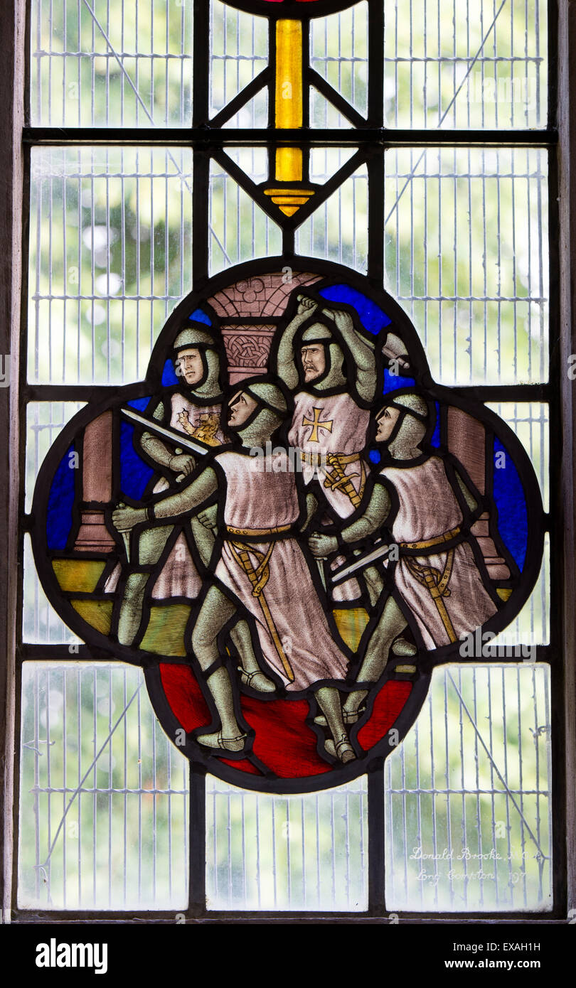 Murderers of Thomas Becket stained glass, St. John the Baptist Church, Cherington, Warwickshire, England, UK Stock Photo