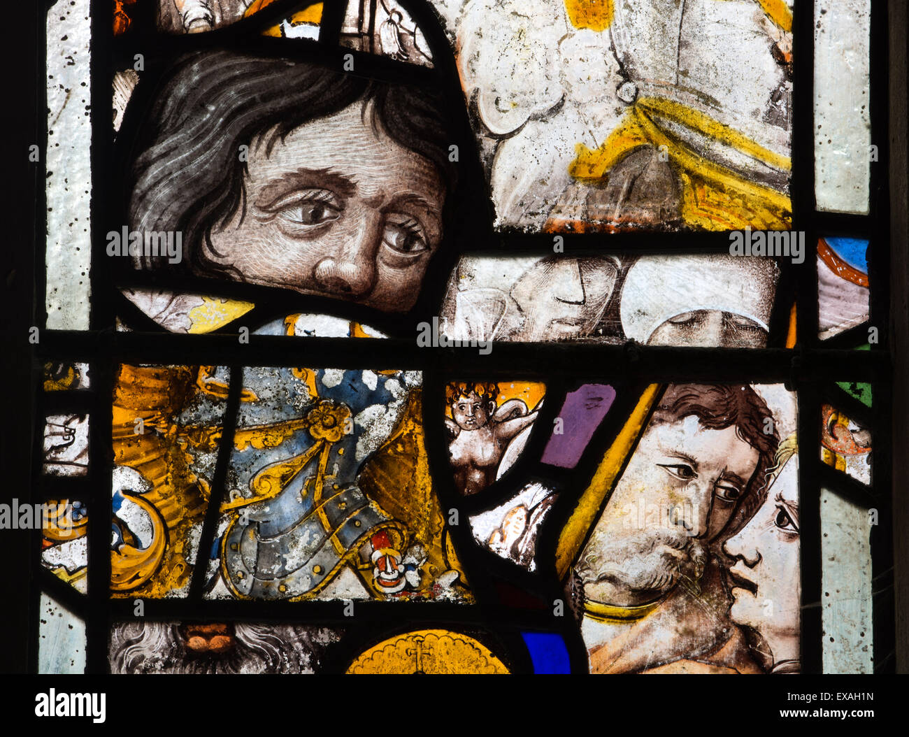 Medieval stained glass fragments, St. John the Baptist Church, Cherington, Warwickshire, England, UK Stock Photo