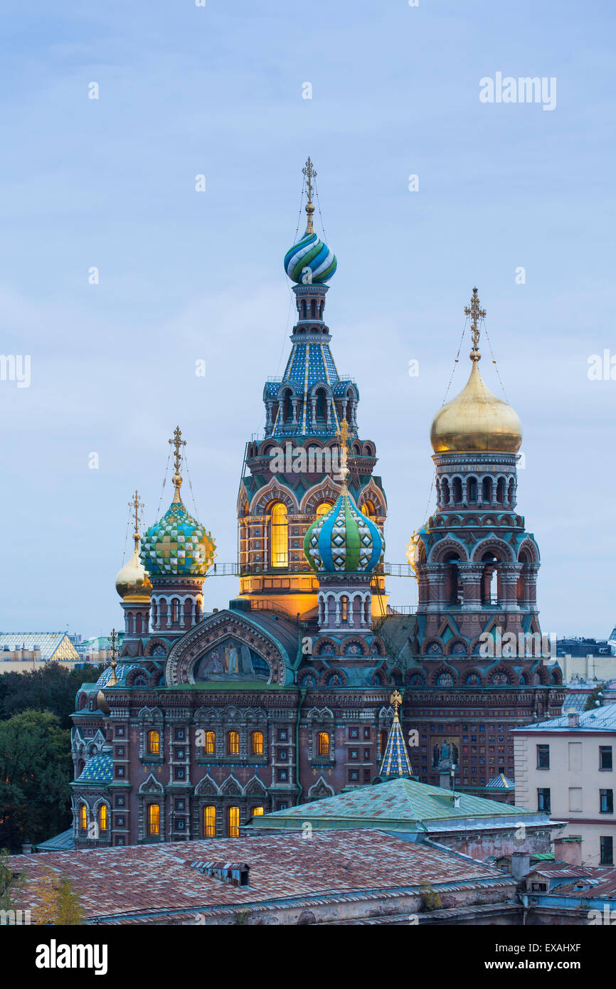 Illuminated domes of Church of the Saviour on Spilled Blood, UNESCO World Heritage Site, St. Petersburg, Russia, Europe Stock Photo