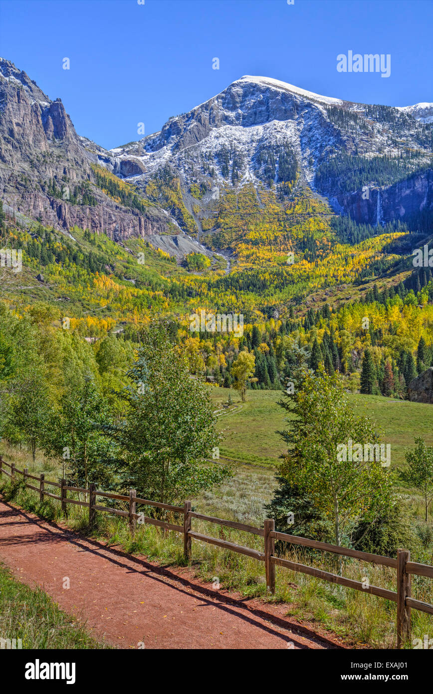 Fall colours, Telluride, Western San Juan Mountains in the background, Colorado, United States of America, North America Stock Photo