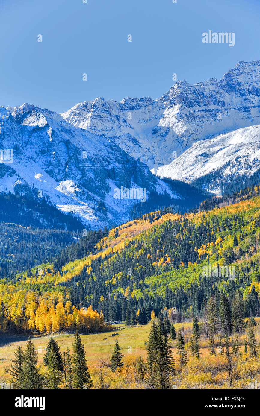 Fall Colors, Road 7, Sneffels Range in the background, near Ouray, Colorado, United States of America, North America Stock Photo