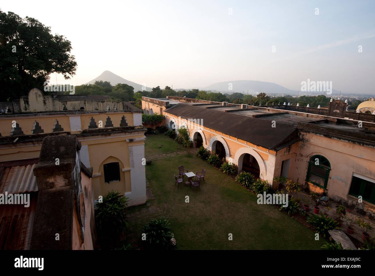 Early morning on the lawns of old rural Rajput palace, Dhenkanal, Orissa (Odisha), India, Asia Stock Photo