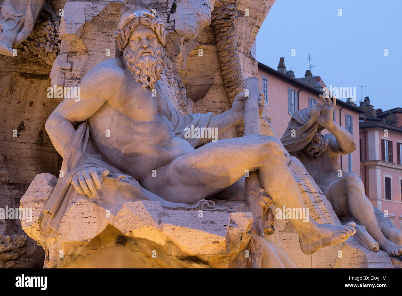 Figure representing the River Ganges on Bernini's Fountain of the Four Rivers, Piazza Navona, Rome, Lazio, Italy, Europe Stock Photo