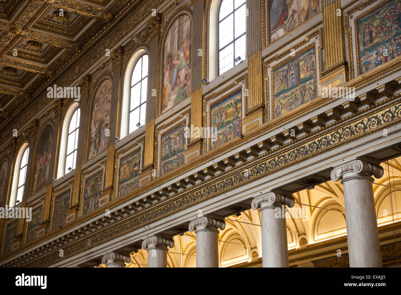 Mosaics along nave of basilica of Santa Maria Maggiore (St. Mary Major), Piazza Santa Maria Maggiore, Rome, Lazio, Italy, Europe Stock Photo