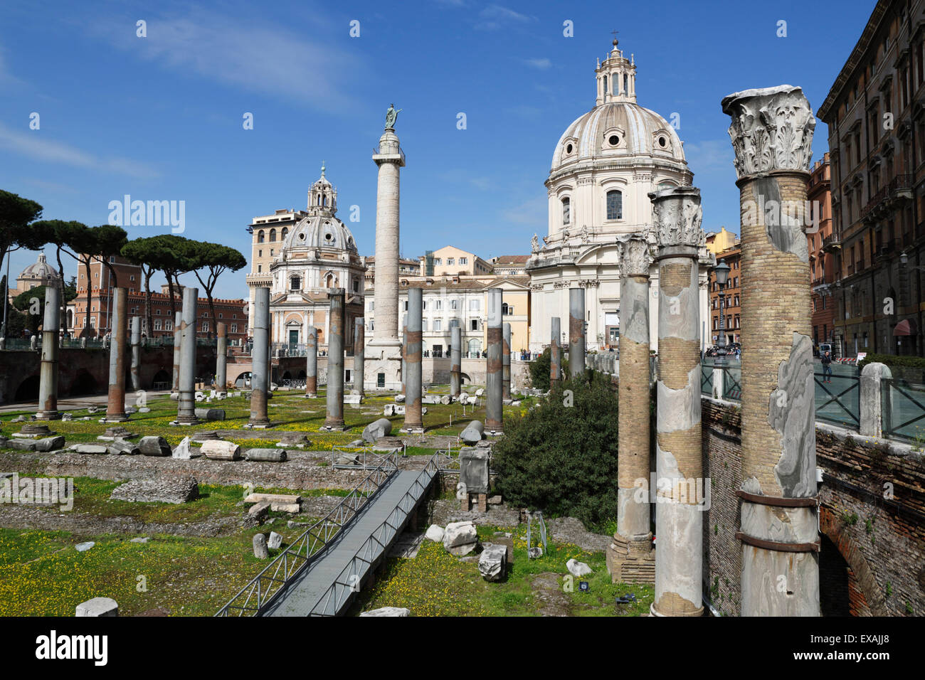Ruins of Trajan Forum (Foro Traiano) with Trajan's Column and Santa Maria di Loreto, UNESCO Site, Rome, Lazio, Italy Stock Photo