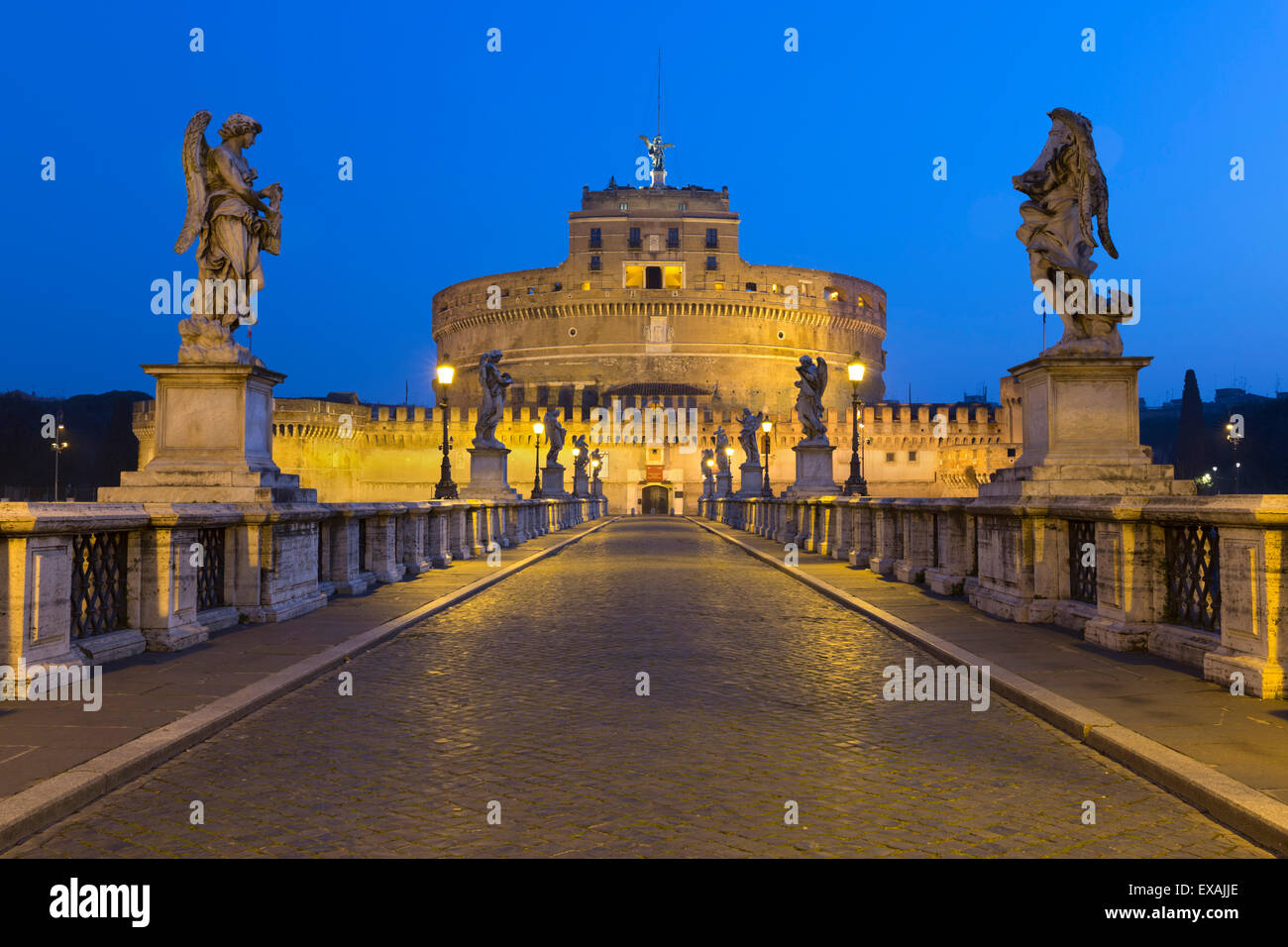 Ponte Sant'Angelo with 16th century statues and the Castel Sant'Angelo at night, Rome, Lazio, Italy, Europe Stock Photo