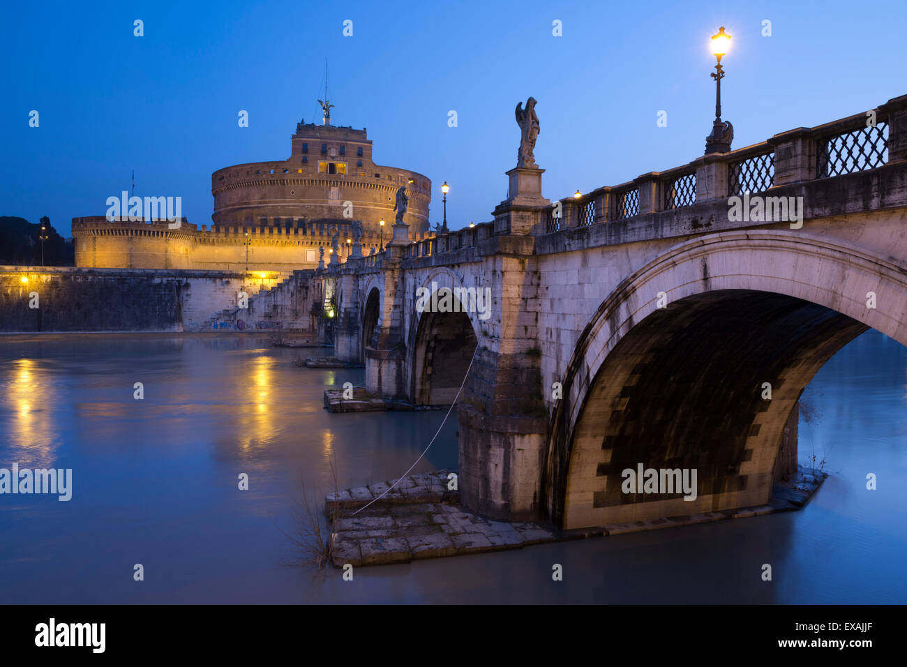 Ponte Sant'Angelo on the River Tiber and the Castel Sant'Angelo at night, Rome, Lazio, Italy, Europe Stock Photo