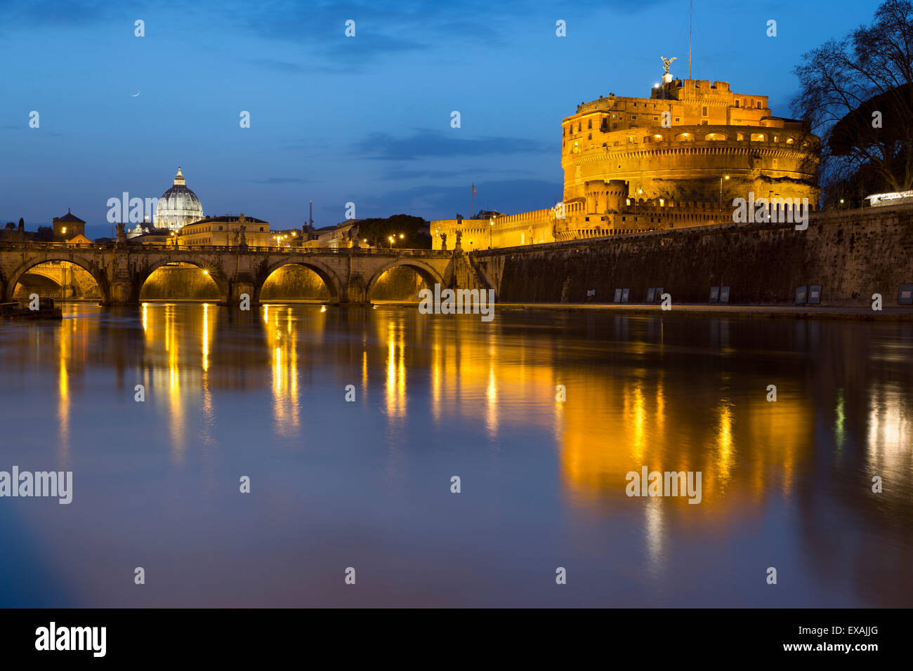 Castel Sant'Angelo and St. Peter's Basilica from the River Tiber at night, Rome, Lazio, Italy, Europe Stock Photo