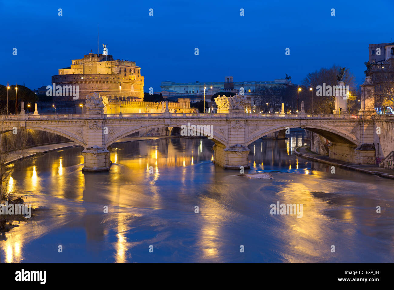 Castel Sant'Angelo and Ponte Vittorio Emanuelle II on the River Tiber at night, Rome, Lazio, Italy, Europe Stock Photo