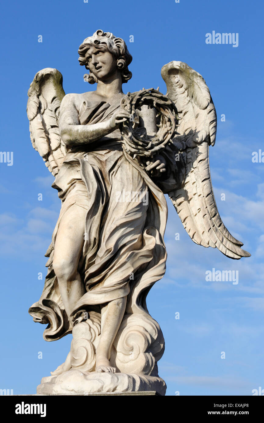 Bernini's breezy maniac angels statue on the Ponte Sant'Angelo, Rome, Lazio, Italy, Europe Stock Photo