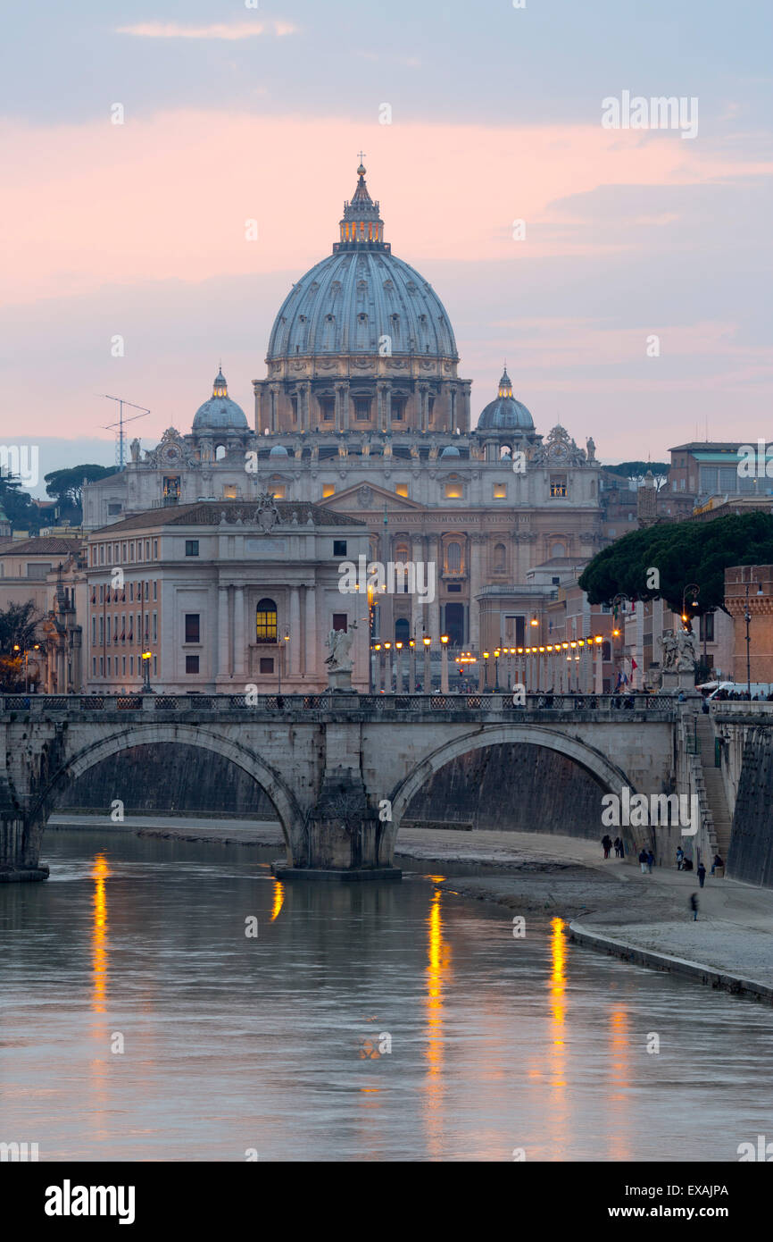 St. Peter's Basilica, the River Tiber and Ponte Sant'Angelo at dusk, Rome, Lazio, Italy, Europe Stock Photo
