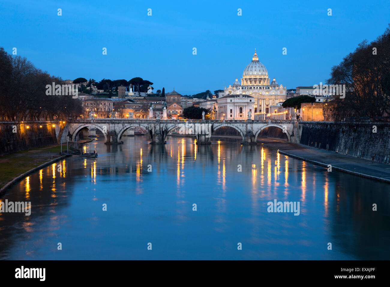 St. Peter's Basilica, the River Tiber and Ponte Sant'Angelo at night, Rome, Lazio, Italy, Europe Stock Photo