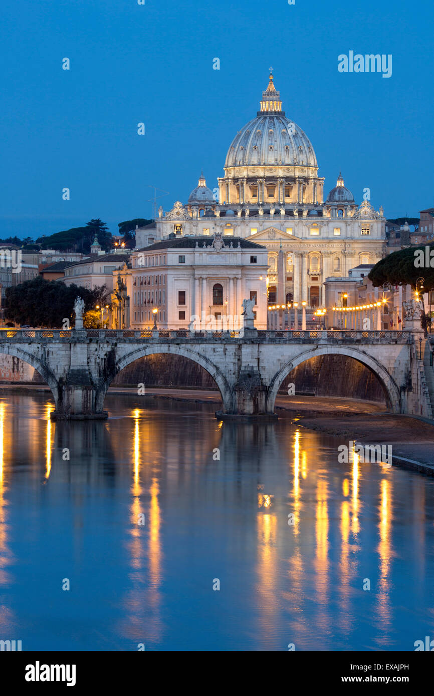 St. Peter's Basilica, the River Tiber and Ponte Sant'Angelo at night, Rome, Lazio, Italy, Europe Stock Photo