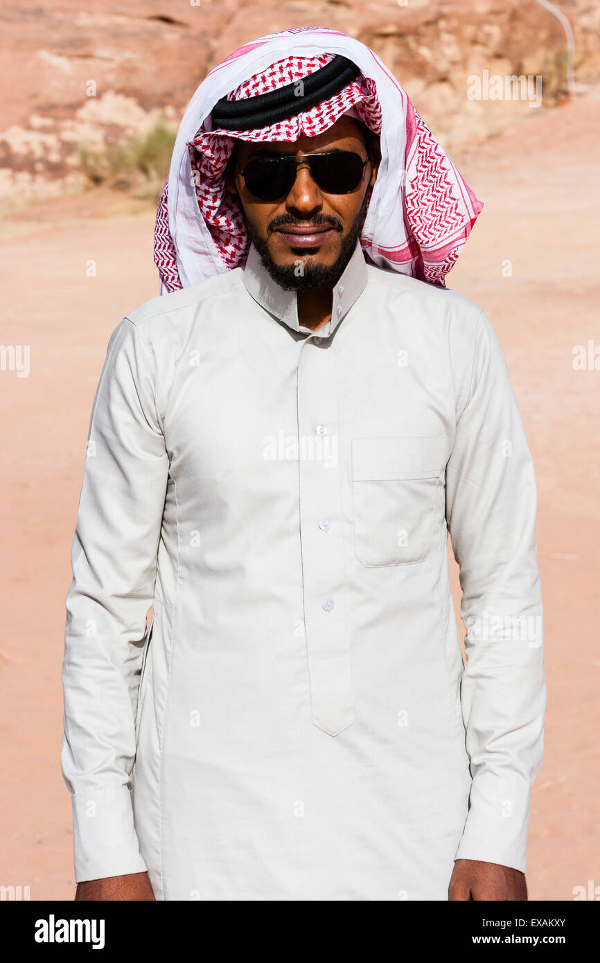 Wadi Rum desert, Jordan. 9th June 2015. Portrait of male tourist guide Stock Photo