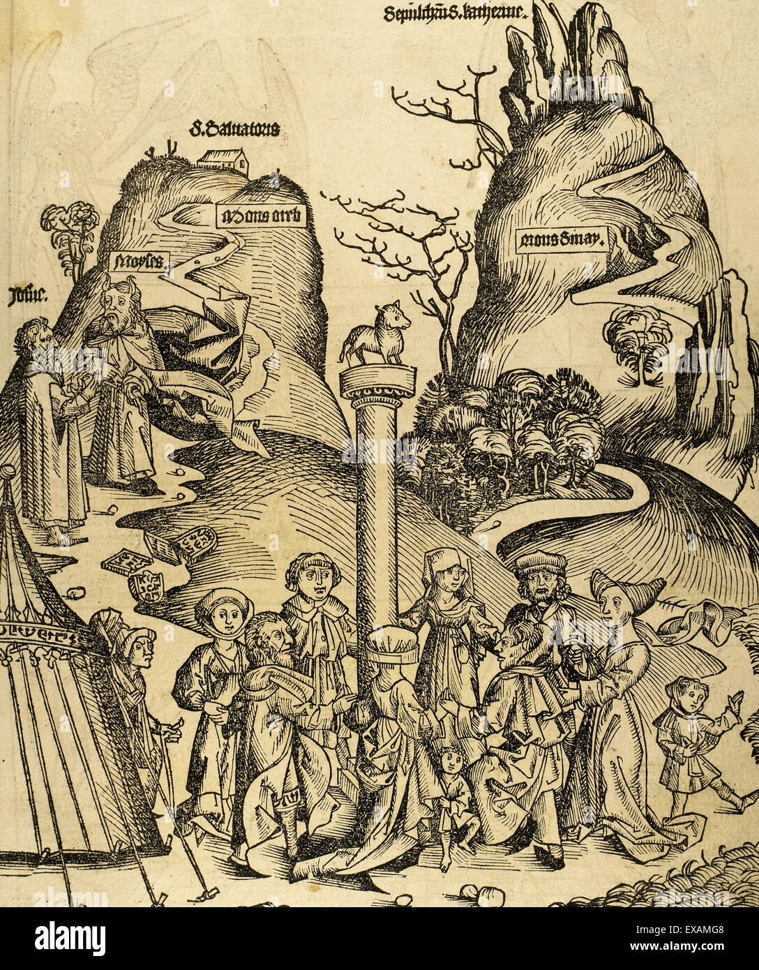 Moses and Joshua descend from Mount Sinai with the tablets of the Law broken and found the Israelites worshiping the golden fleece. Engraving in Liber Chronicarum by Hartman Schedel, 15th century. Latin edition. Stock Photo