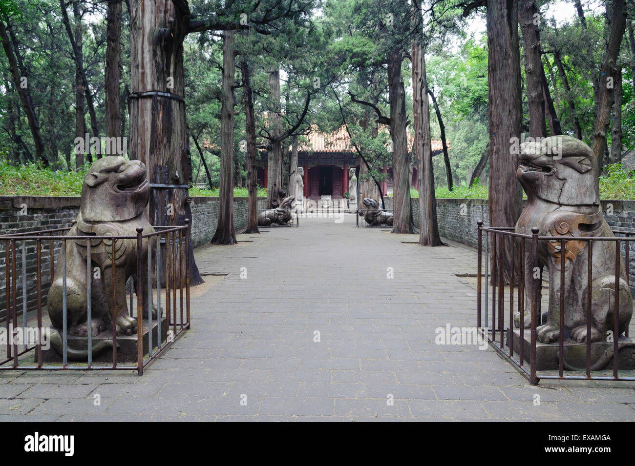 Stone guardians flanking the approach to the Tomb of Confucius, Confucian Forest (Cemetery of Confucius), Qufu, Shandong, China Stock Photo