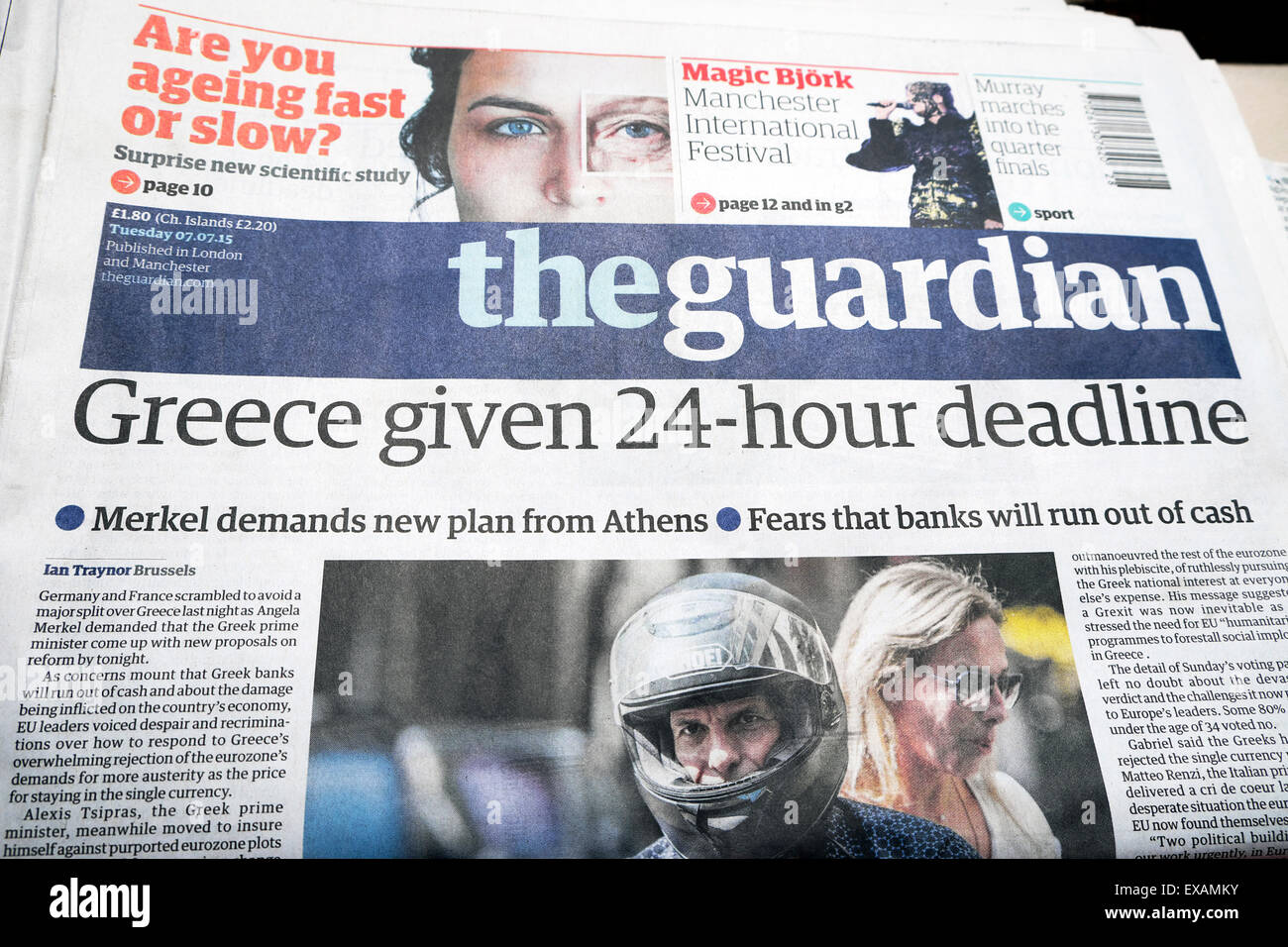 Greece Given 24-Hour Deadline Greek Debt Crisis Guardian newspaper headline 7th July 2015  London UK Stock Photo