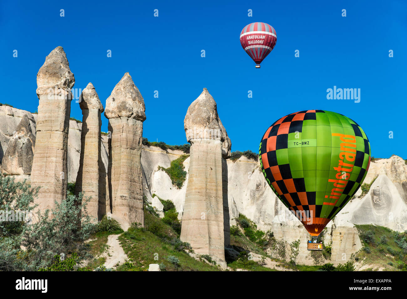 Fairy Chimneys and hot air balloons, Goreme, Cappadocia, Turkey Stock Photo