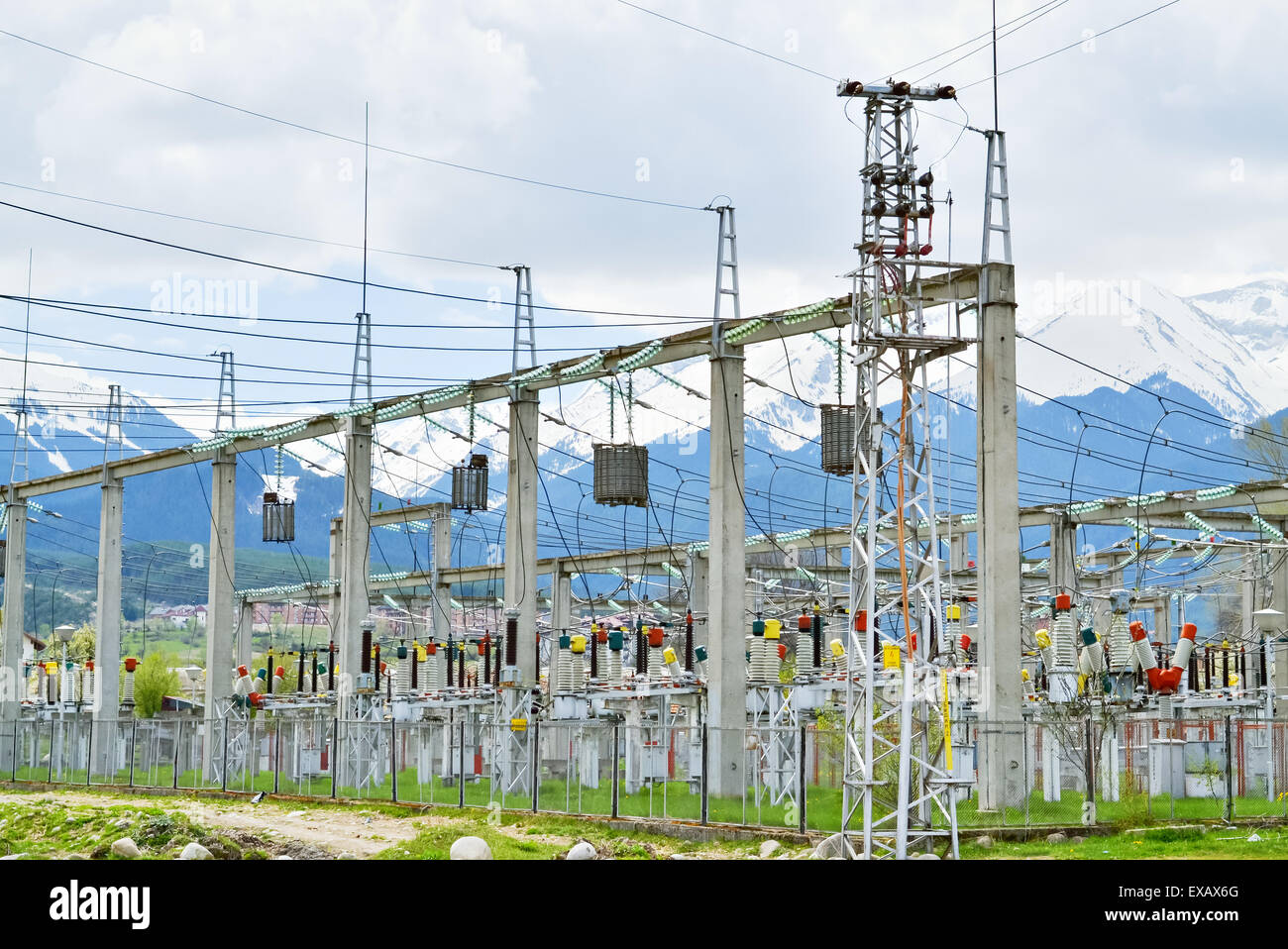 Substation for high voltage conversion and distribution of electricity Stock Photo
