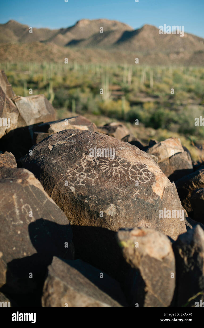 Rock carvings with landscape in the Arizona desert Stock Photo