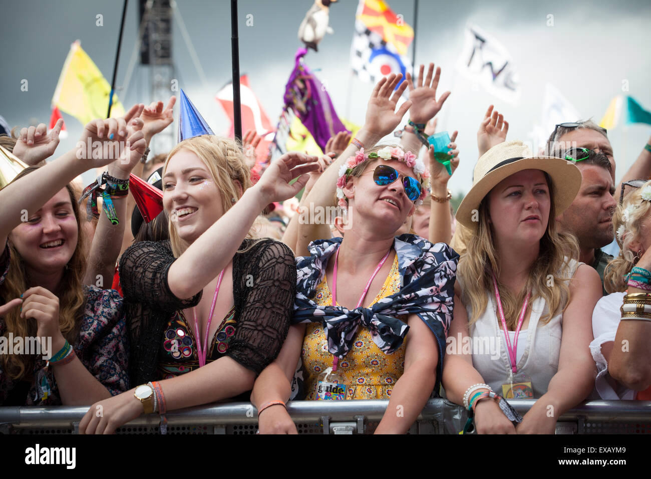 Crowd at The Pyramid Stage, Glastonbury Music Festival, Somerset UK 2015 Stock Photo