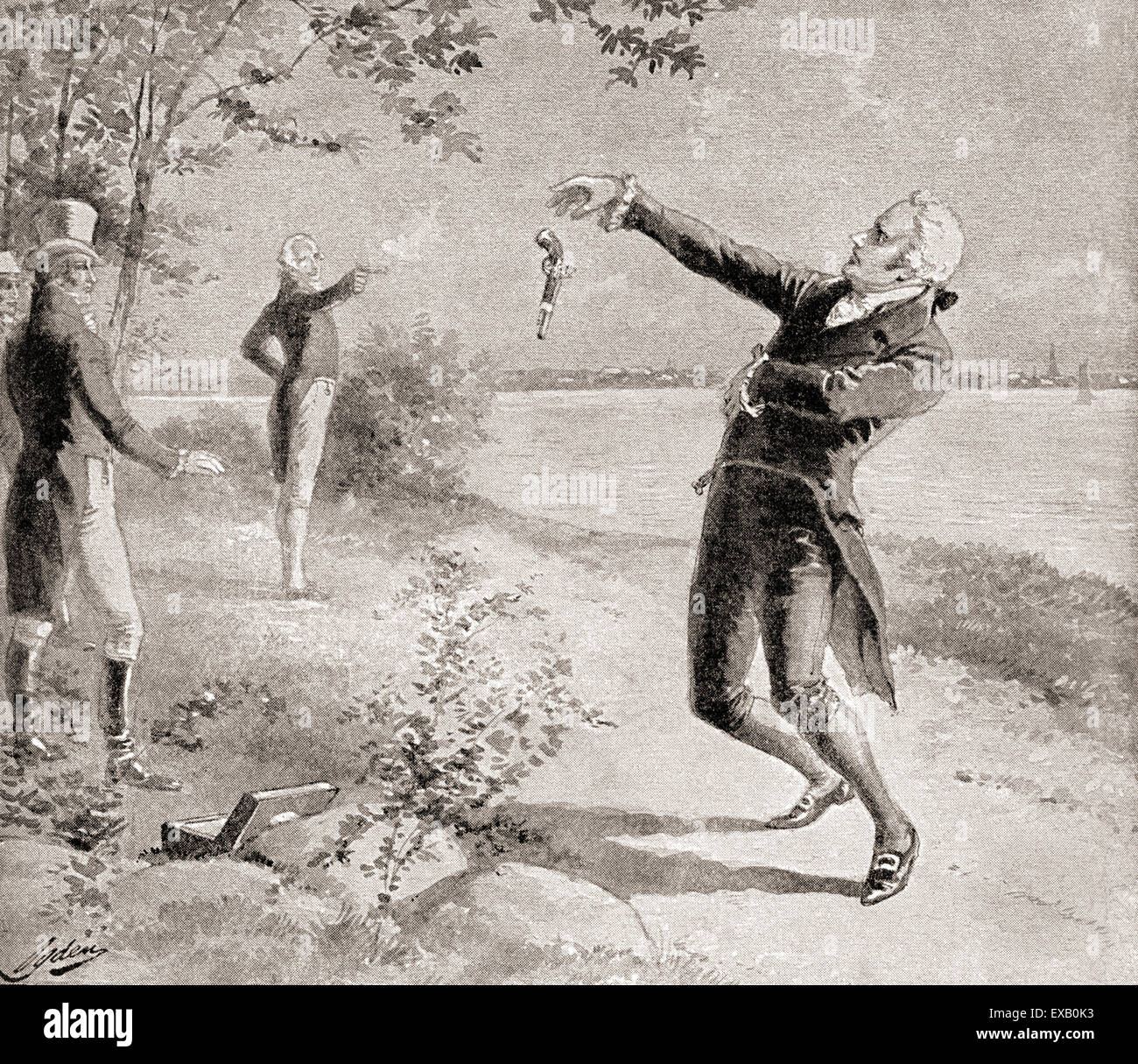 The Burr–Hamilton duel on July 11, 1804, between Alexander Hamilton, c.1757 – 1804 and Aaron Burr, Jr., 1756 –1836, who was the sitting Vice President of the United States.  The duel resulted in Hamilton's death. Stock Photo