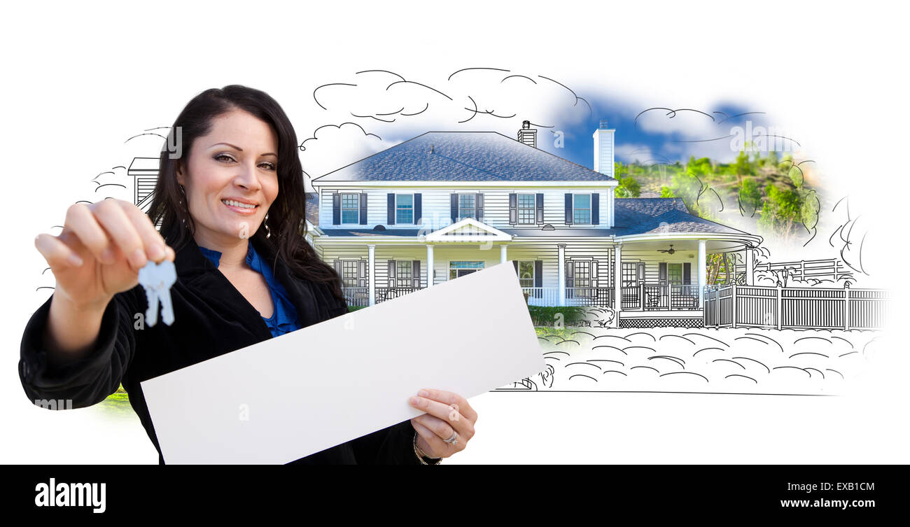 Hispanic Woman Holding Keys and Sold Sign Over House Drawing and Photo ...