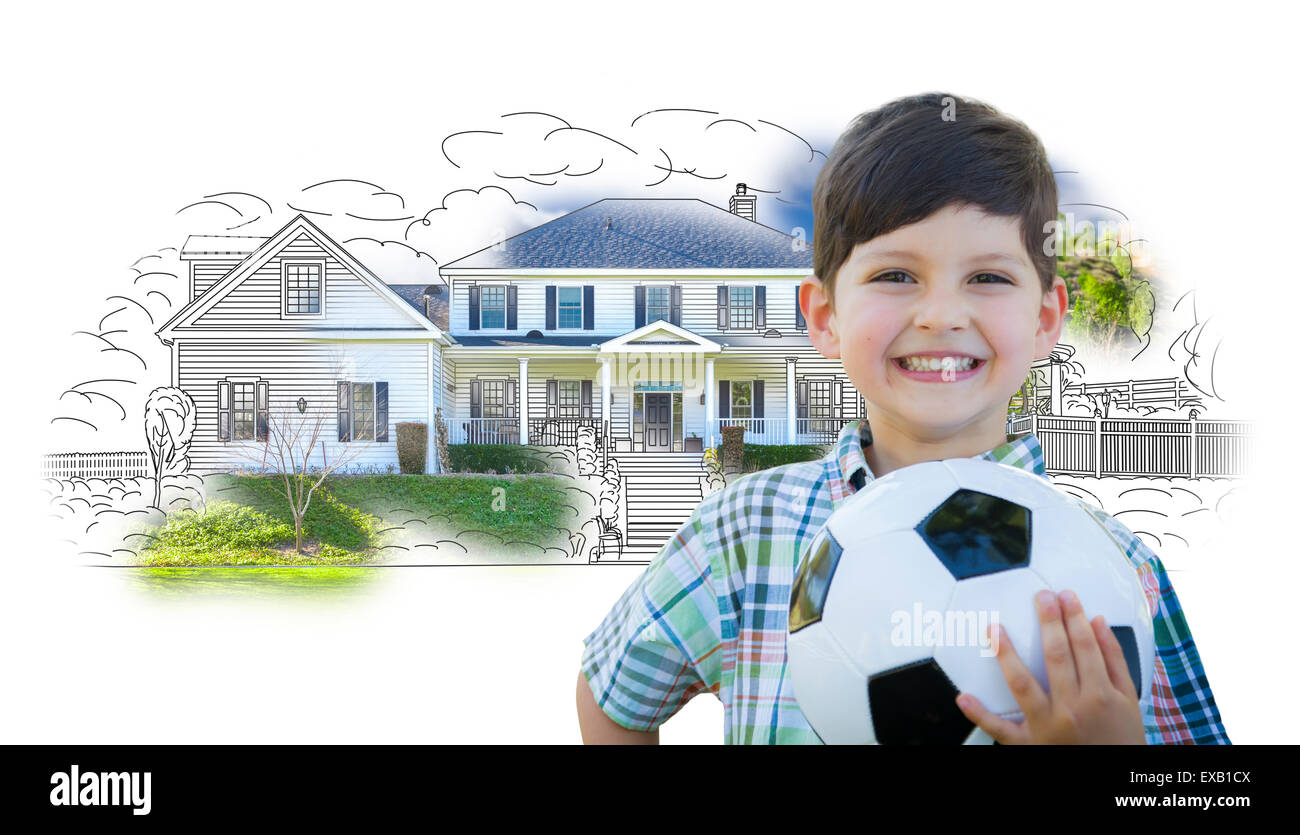 Cute Smiling Young Boy Holding Soccer Ball In Front Of House Sketch Photo Combination Stock Photo Alamy