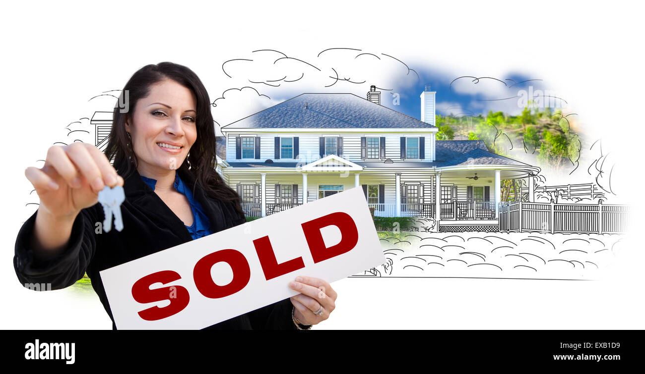 Hispanic Woman Holding Keys and Sold Sign Over House Drawing and Photo ...
