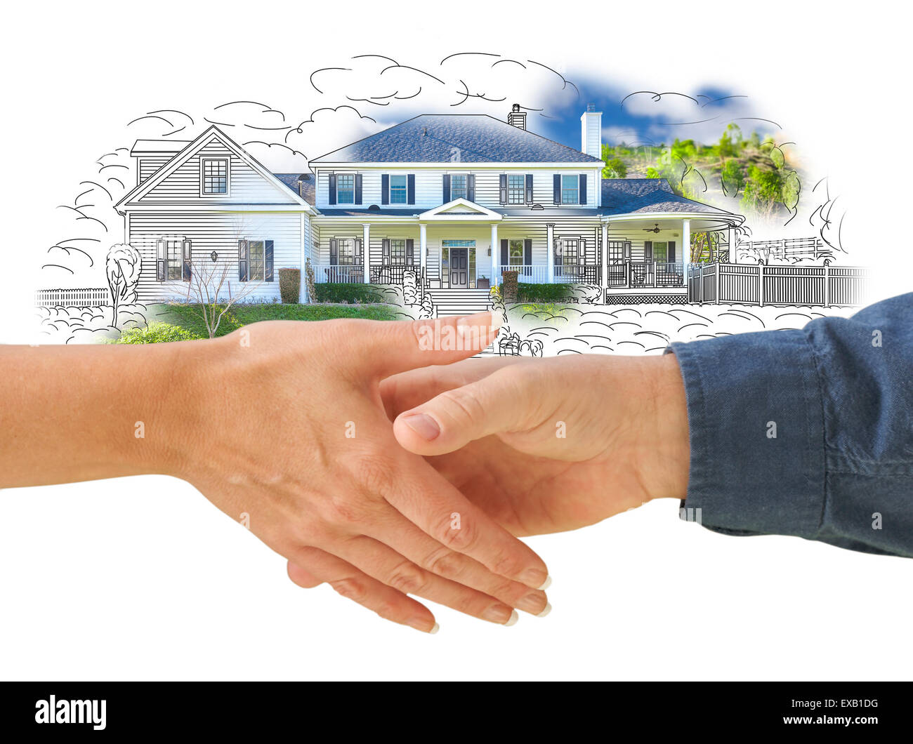 Man and Woman Shaking Hands in Front of a New House Drawing Photo ...