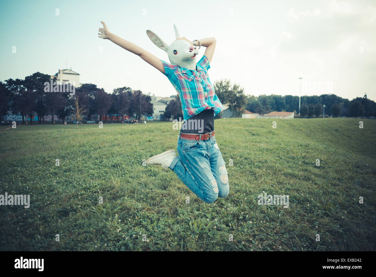 rabbit mask absurd beautiful young hipster woman in the city Stock ...