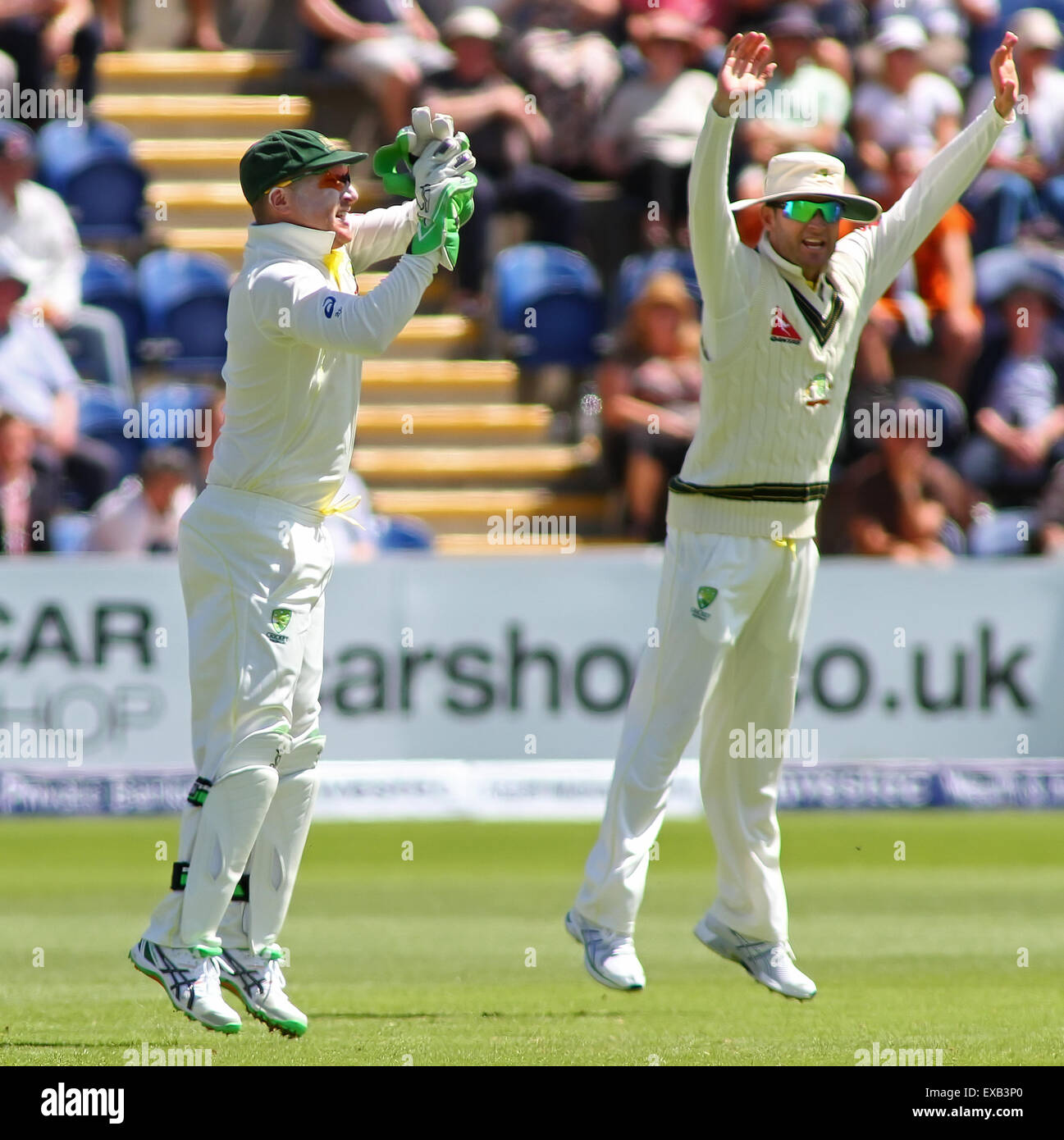 CARDIFF, WALES - JULY 10: Brad Haddin of Australia catches the ball to dismiss Gary Ballance of England during day three of the 1st Investec Ashes Test match between England and Australia at SWALEC Stadium on July 10, 2015 in Cardiff, United Kingdom. (Photo by Mitchell Gunn/ESPA) *** Local Caption ***Brad Haddin, Michael Clarke Stock Photo