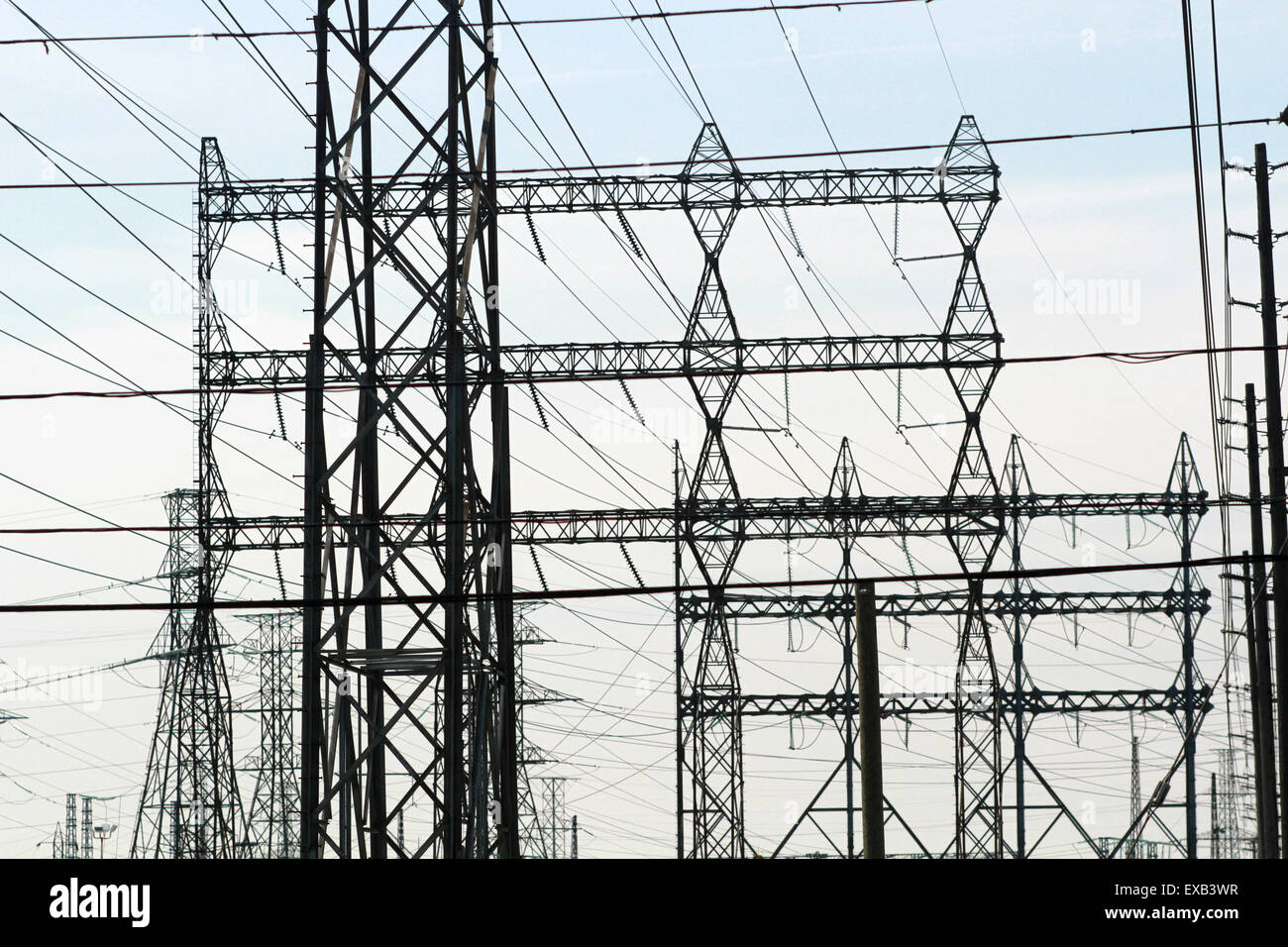 Power lines near Pearson International Airport in Toronto, Ont. Stock Photo