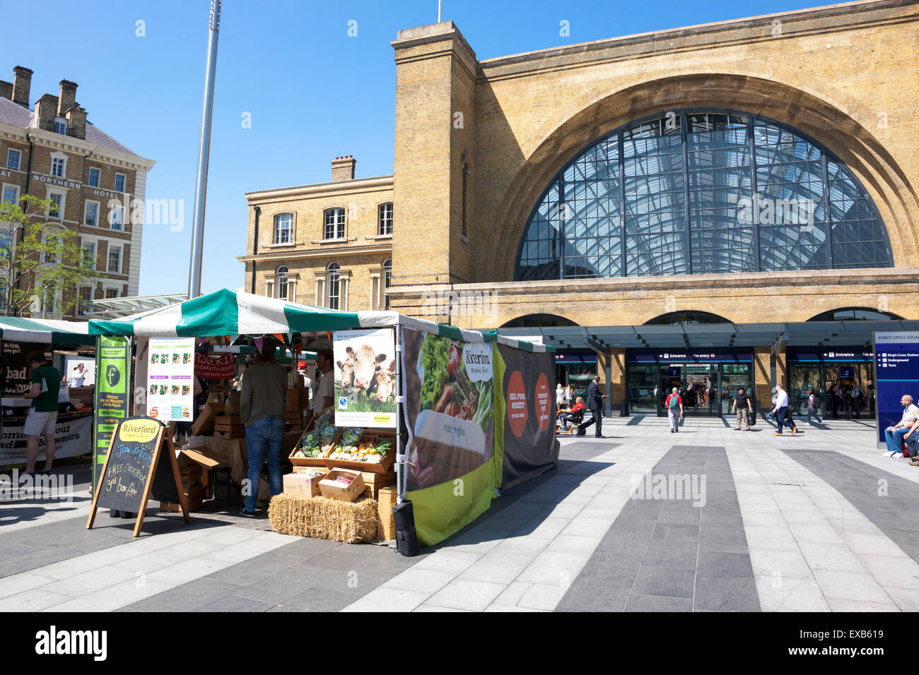 Real Food Market stalls in front of King's Cross station, London, England Stock Photo
